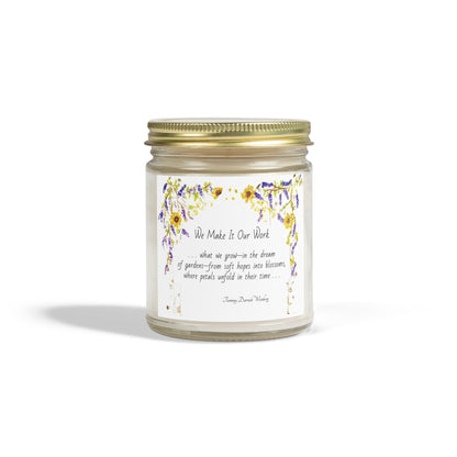 We Make It Our Work Scented Candles, Coconut Apricot Wax (4oz, 9oz), Featuring an Arbor of Sunflowers