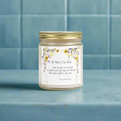 We Make It Our Work Scented Candles, Coconut Apricot Wax (4oz, 9oz), Featuring an Arbor of Sunflowers