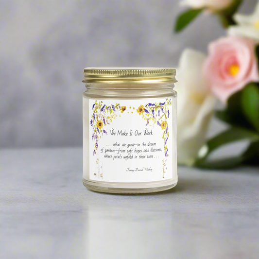 We Make It Our Work Scented Candles, Coconut Apricot Wax (4oz, 9oz), Featuring an Arbor of Sunflowers