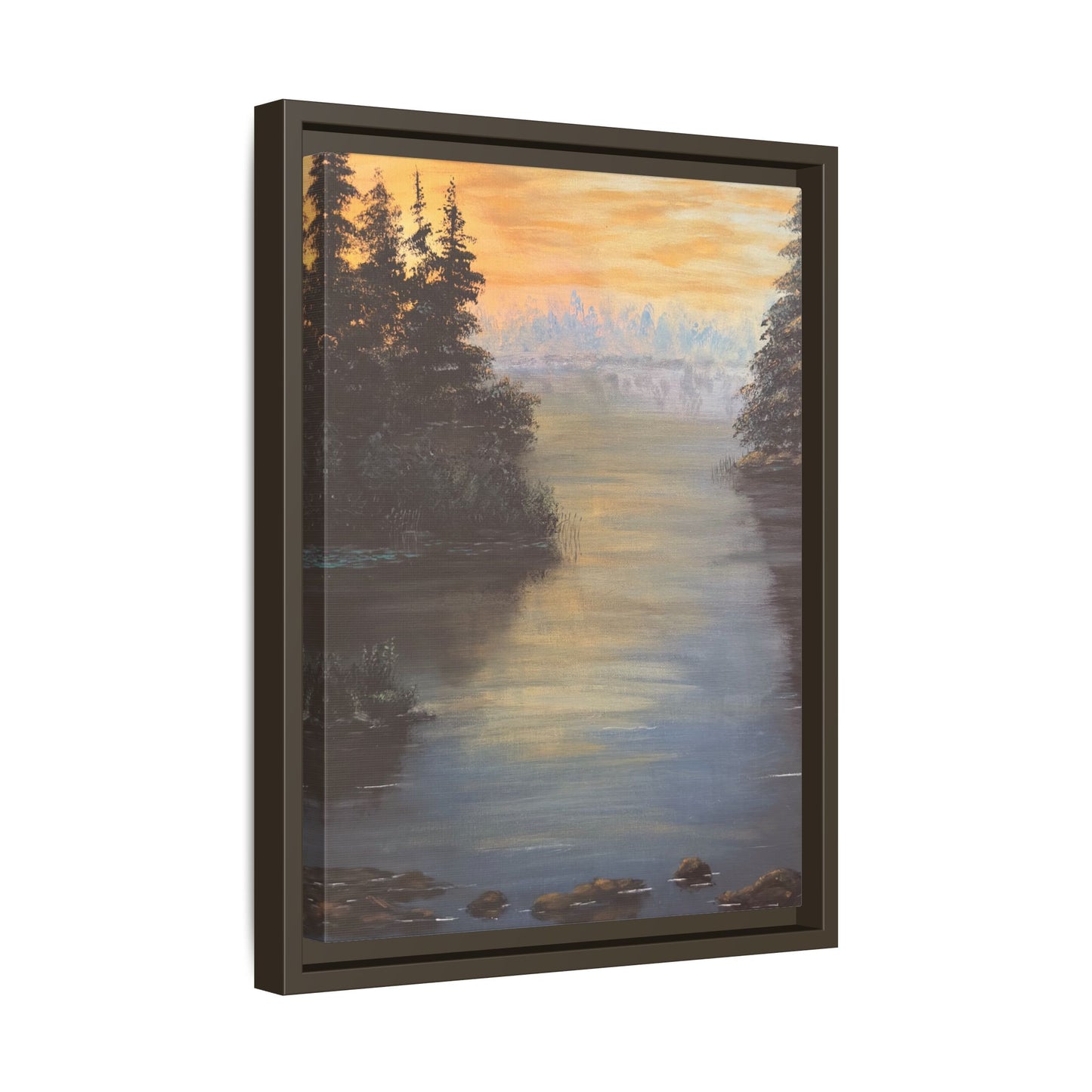 Peaceful Northwoods Lake Matte Canvas with Black or Espresso Frame. Available in sizes from 8” x 10”-24” x 32”