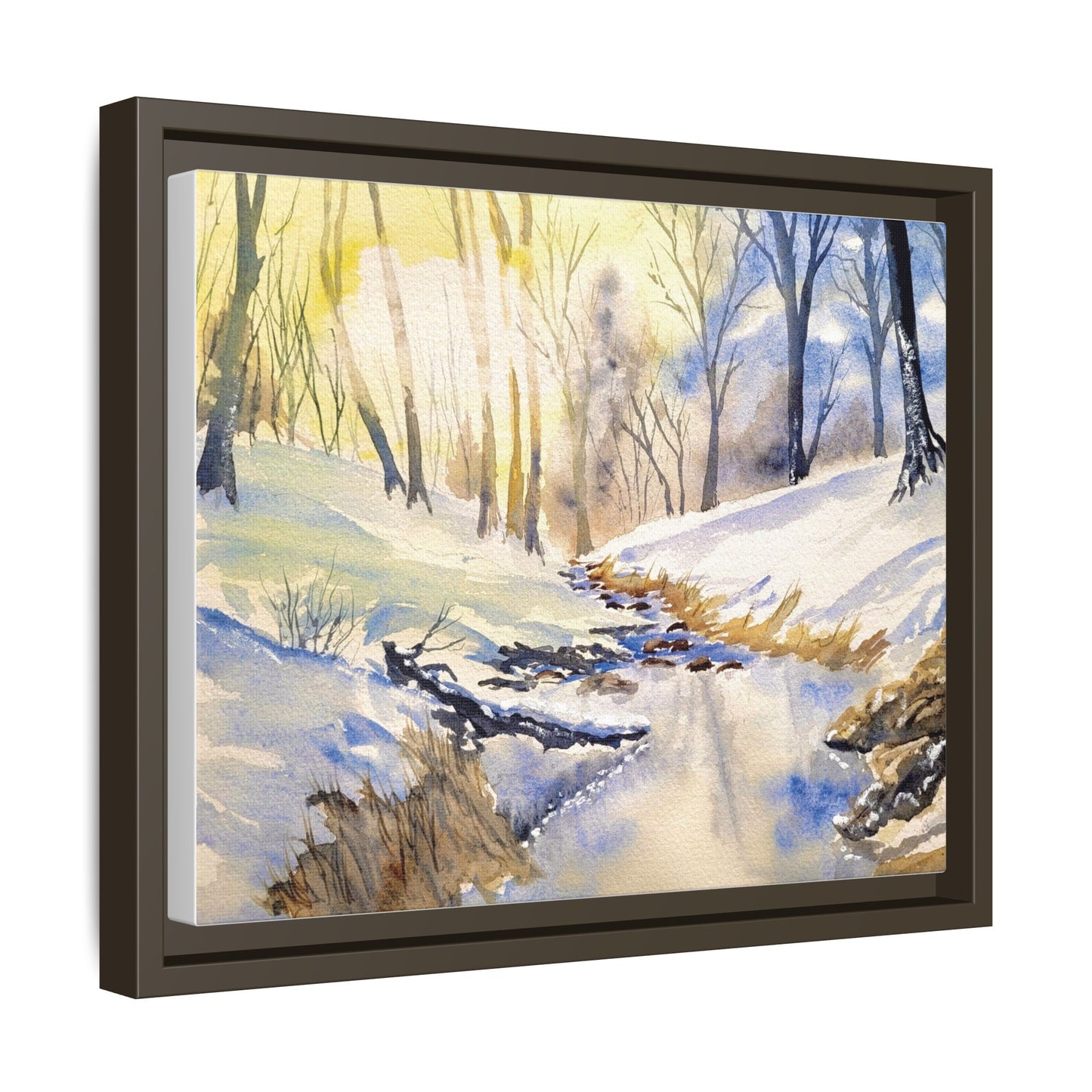 Snowy Creek Matte Canvas, Framed (Black or Espresso). Available in sizes from 10”x8”-32”x24”