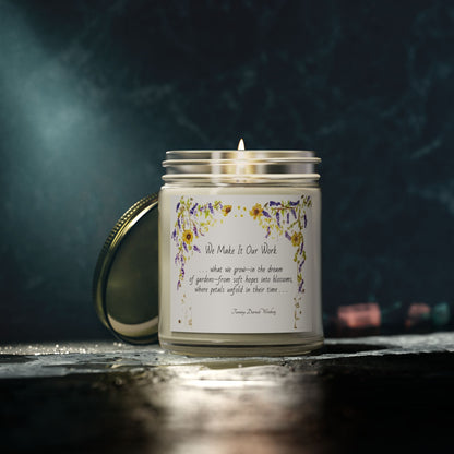 We Make It Our Work Scented Candles, Coconut Apricot Wax (4oz, 9oz), Featuring an Arbor of Sunflowers