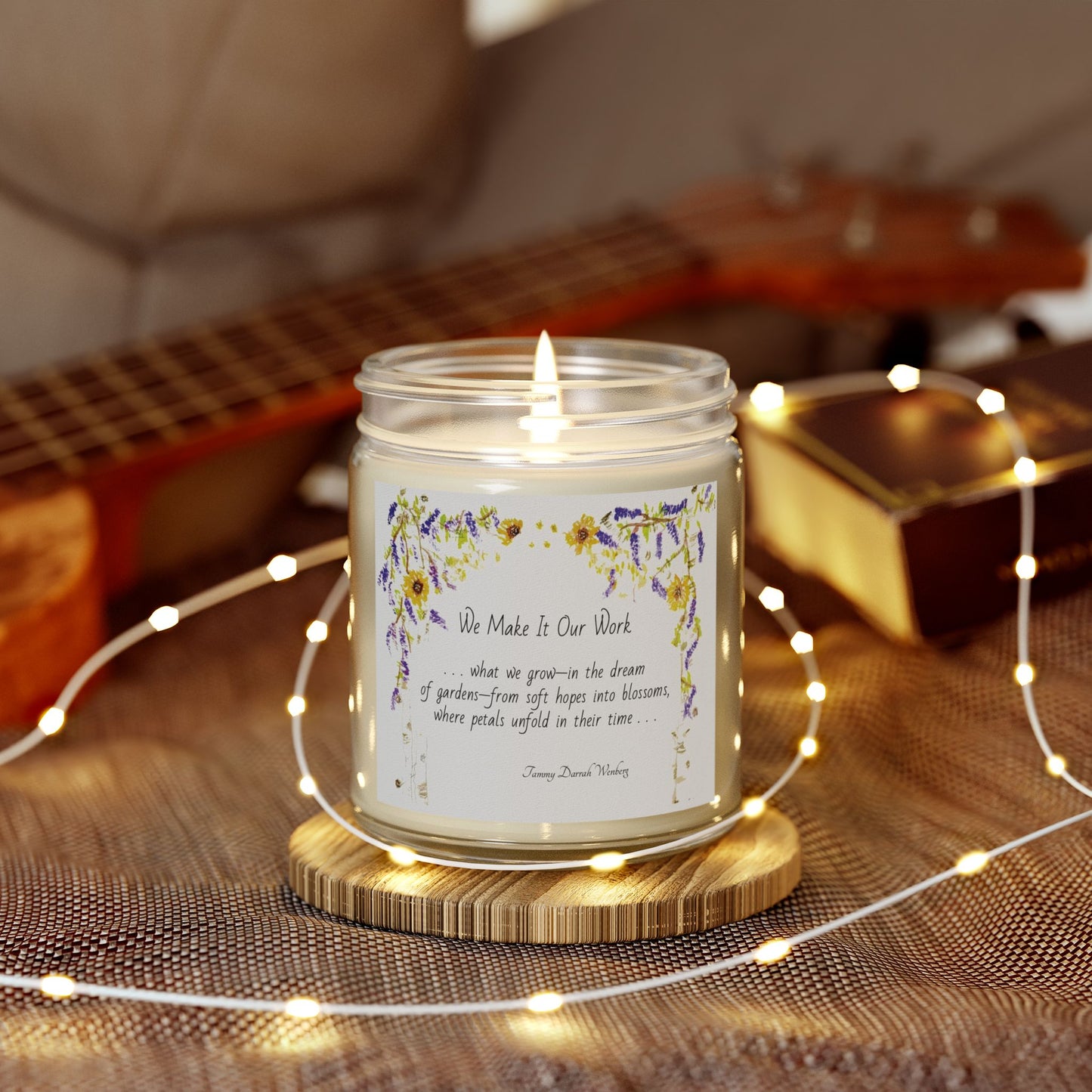 We Make It Our Work Scented Candles, Coconut Apricot Wax (4oz, 9oz), Featuring an Arbor of Sunflowers