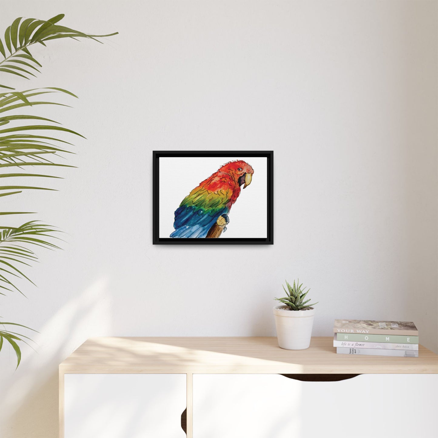 Scarlet Macaw Matte Canvas, Framed (Black or Espresso). Available in sizes from 10”x8”-16”x12”