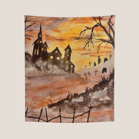 Halloween House and Spooky Graveyard Indoor Wall Tapestry. Available in size 26” x 36” and 50” x 60”