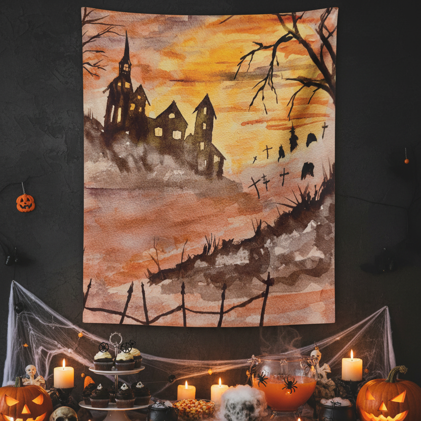 Halloween House and Spooky Graveyard Indoor Wall Tapestry. Available in size 26” x 36” and 50” x 60”