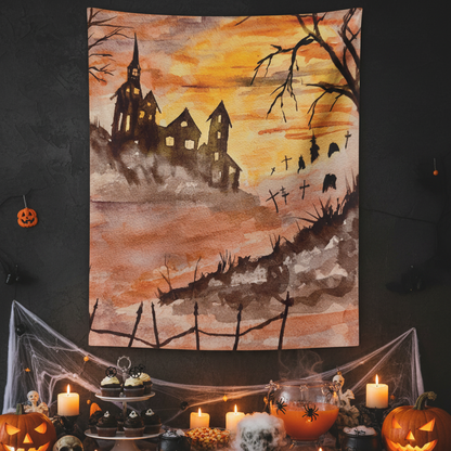 Halloween House and Spooky Graveyard Indoor Wall Tapestry. Available in size 26” x 36” and 50” x 60”