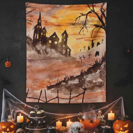 Halloween House and Spooky Graveyard Indoor Wall Tapestry. Available in size 26” x 36” and 50” x 60”