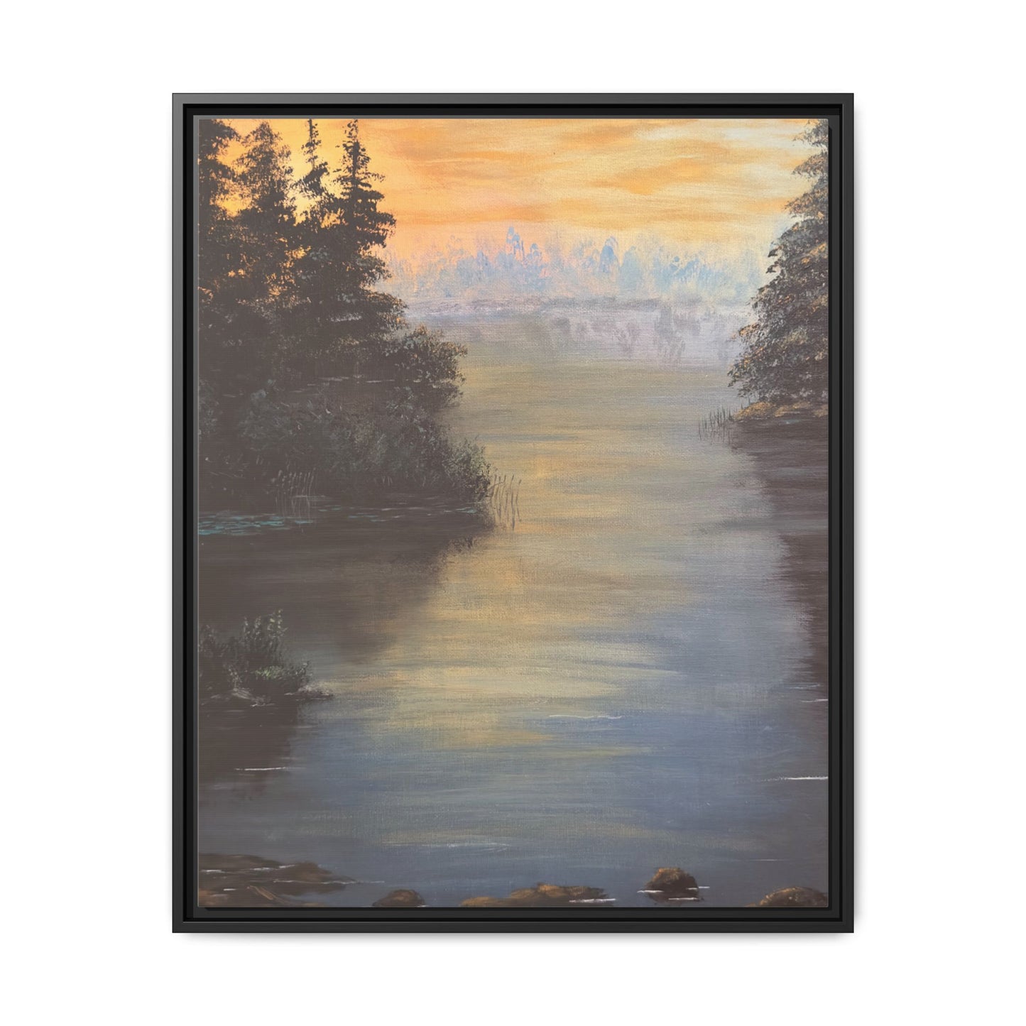 Peaceful Northwoods Lake Matte Canvas with Black or Espresso Frame. Available in sizes from 8” x 10”-24” x 32”