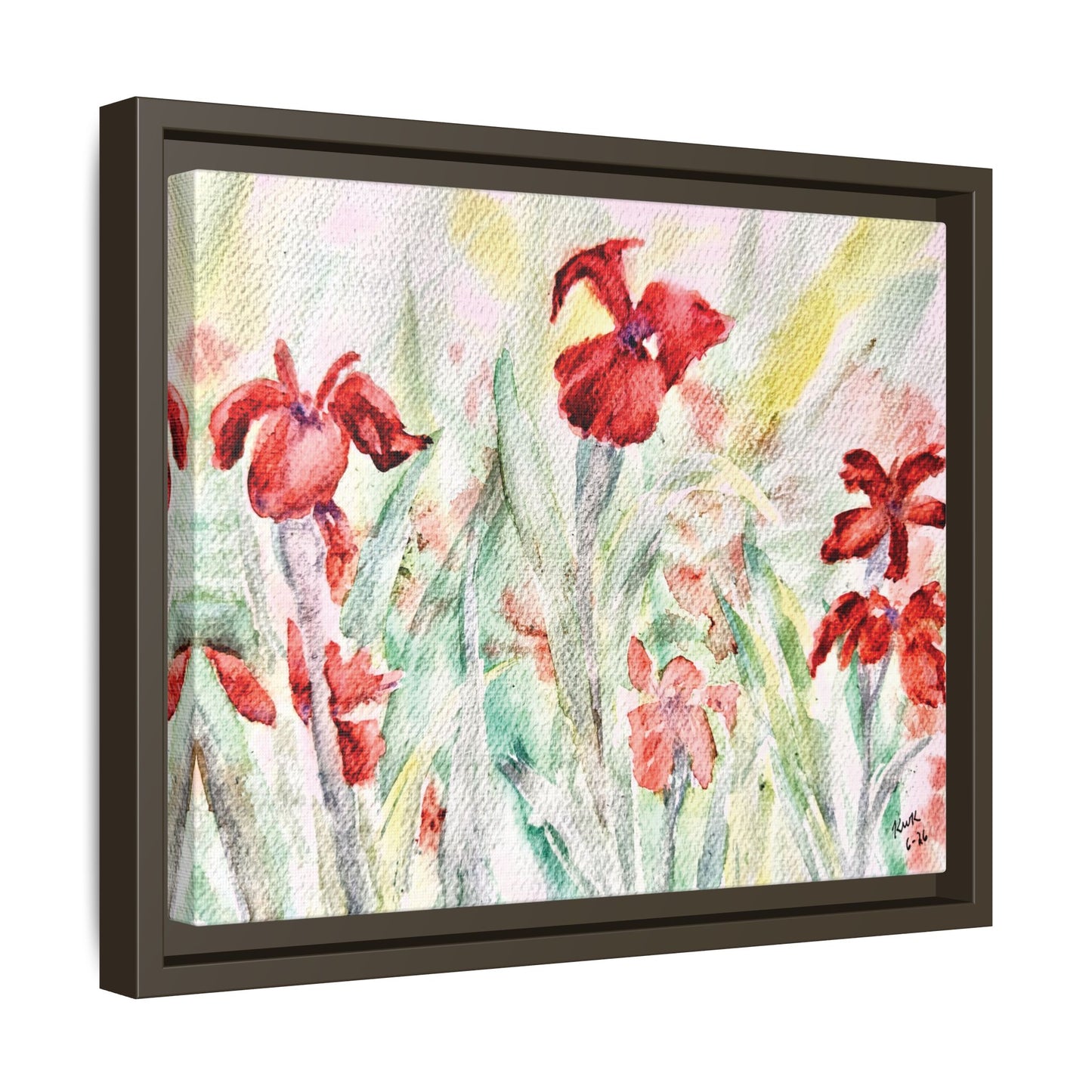 Abbeville Red Irises Matte Canvas, Framed (Black or Espresso). Available in sizes from 10”x8”-30”x24”