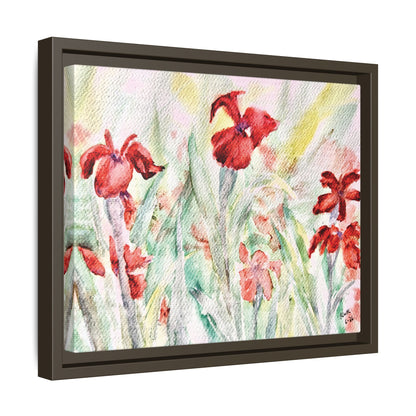 Abbeville Red Irises Matte Canvas, Framed (Black or Espresso). Available in sizes from 10”x8”-30”x24”