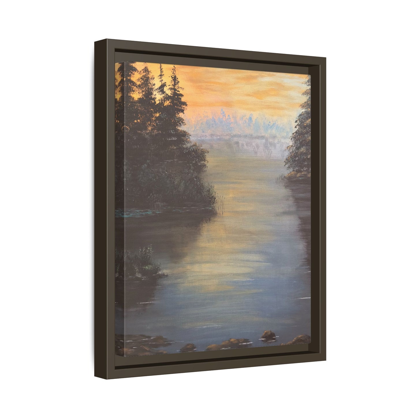 Peaceful Northwoods Lake Matte Canvas with Black or Espresso Frame. Available in sizes from 8” x 10”-24” x 32”