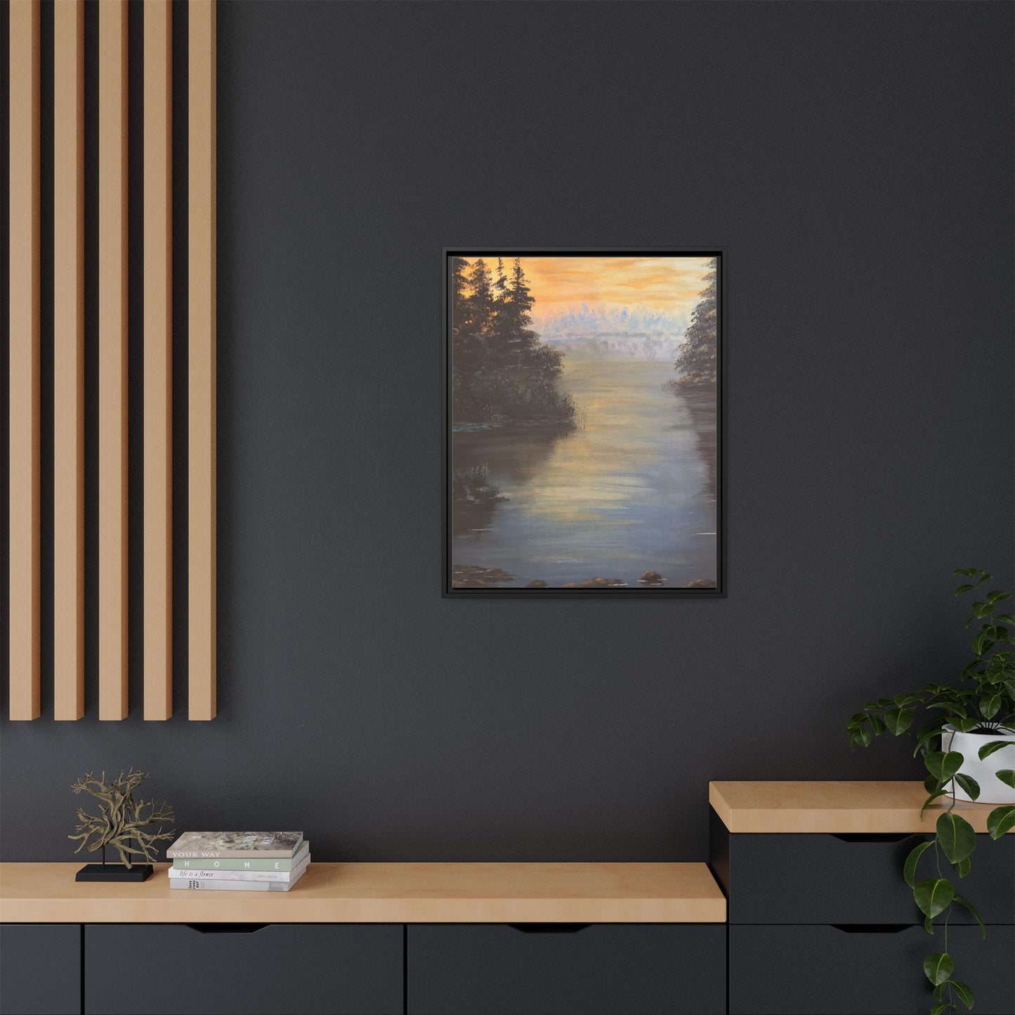 Peaceful Northwoods Lake Matte Canvas with Black or Espresso Frame. Available in sizes from 8” x 10”-24” x 32”