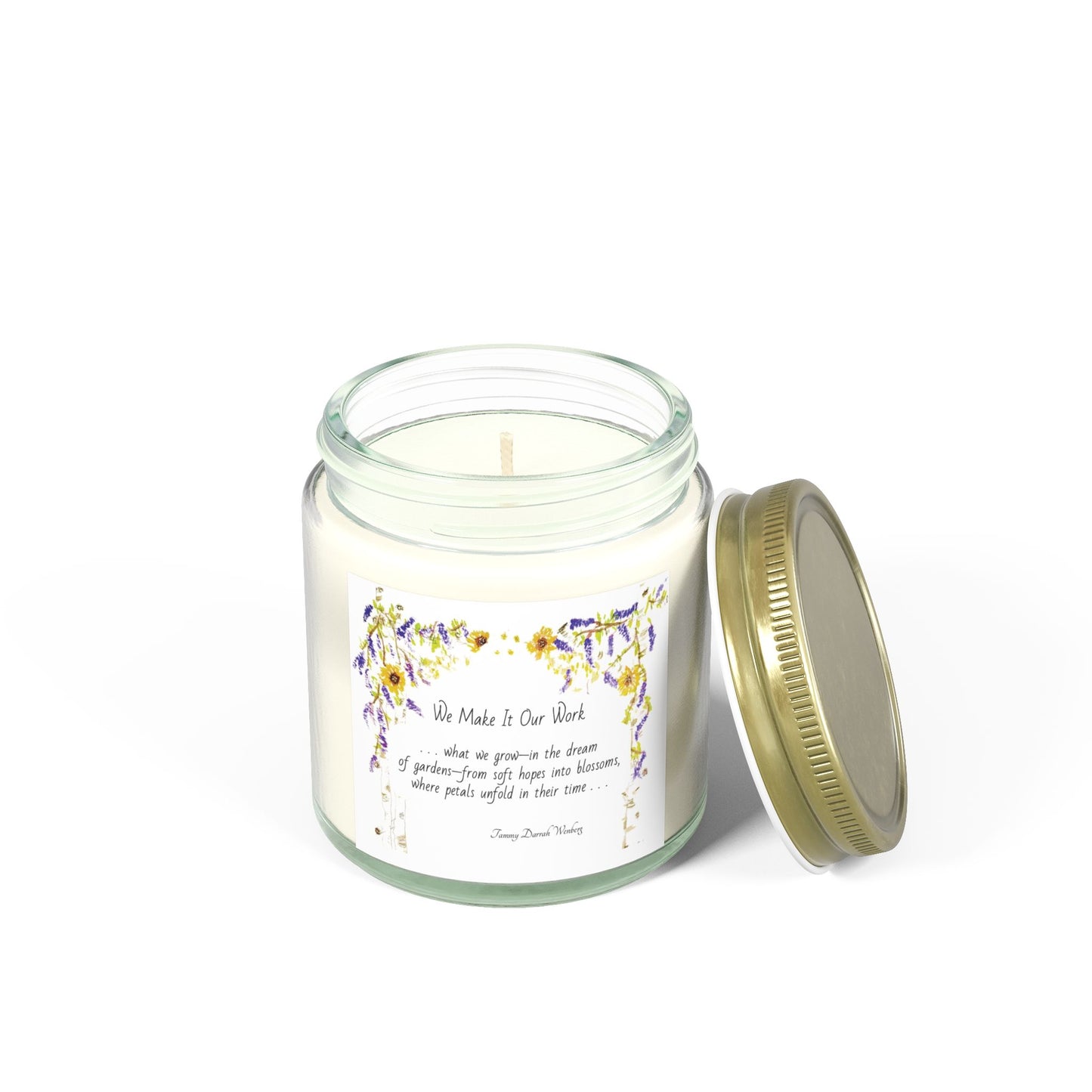 We Make It Our Work Scented Candles, Coconut Apricot Wax (4oz, 9oz), Featuring an Arbor of Sunflowers