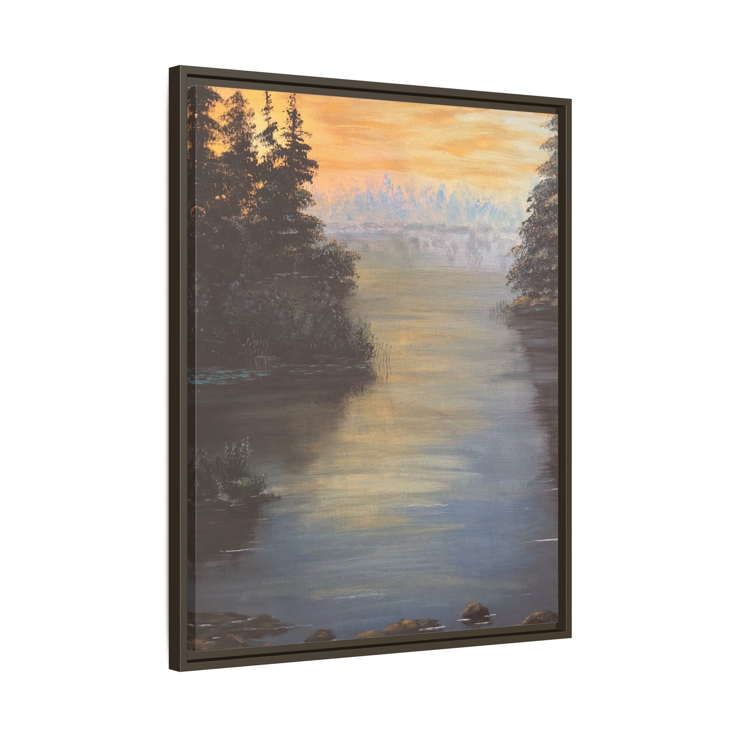 Peaceful Northwoods Lake Matte Canvas with Black or Espresso Frame. Available in sizes from 8” x 10”-24” x 32”