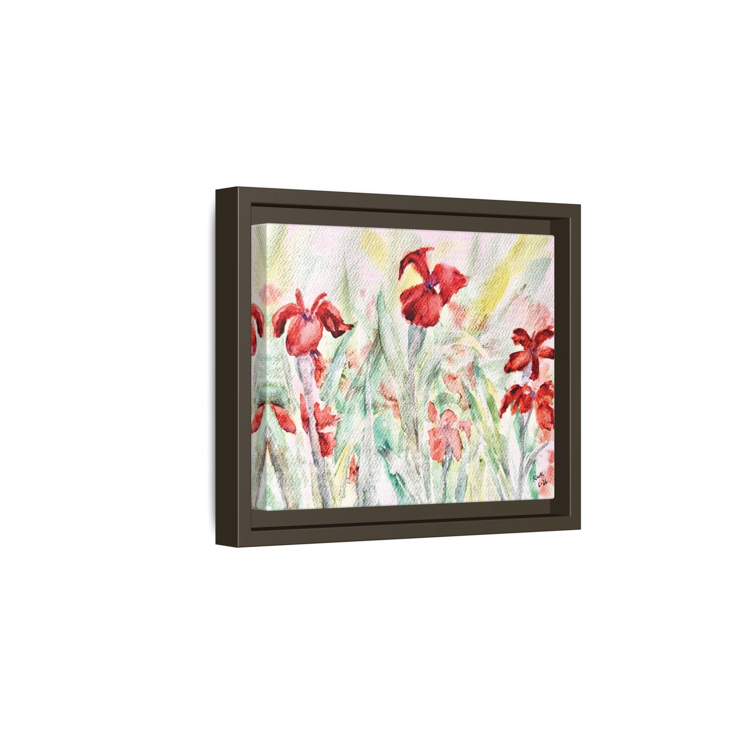 Abbeville Red Irises Matte Canvas, Framed (Black or Espresso). Available in sizes from 10”x8”-30”x24”