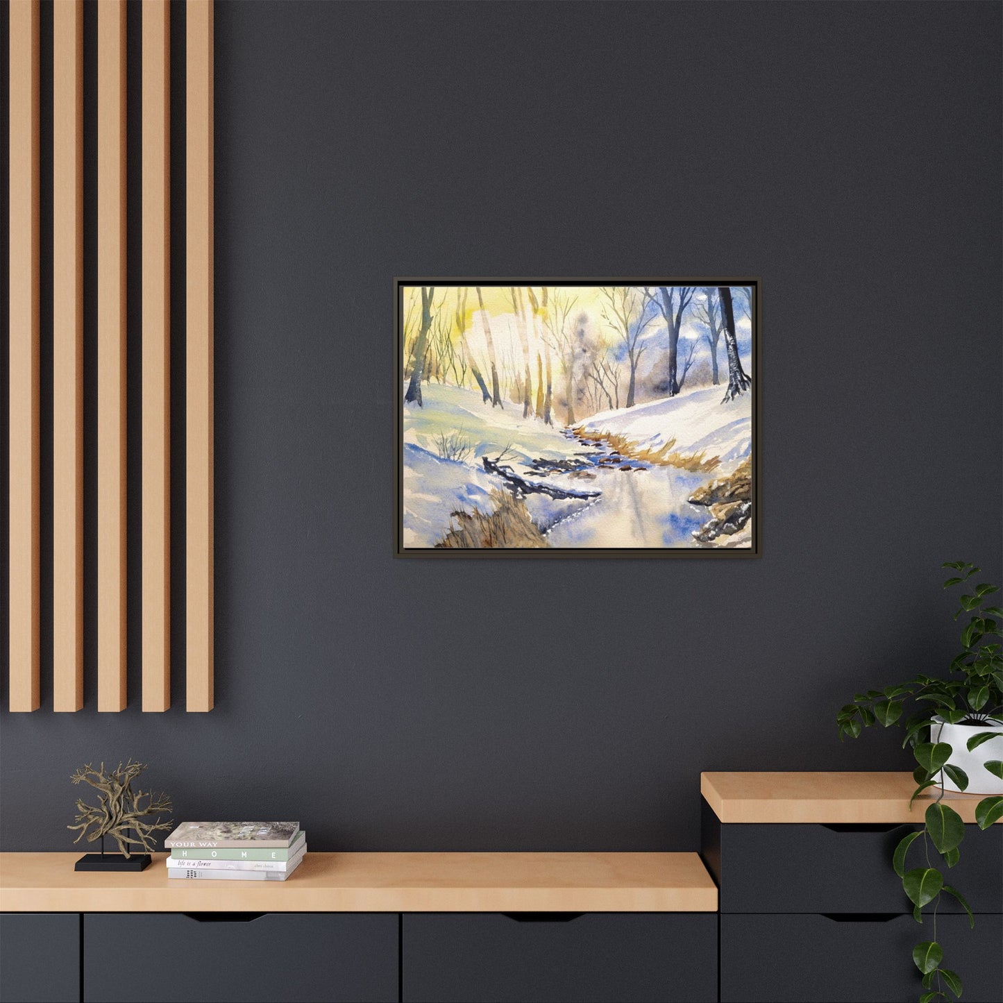 Snowy Creek Matte Canvas, Framed (Black or Espresso). Available in sizes from 10”x8”-32”x24”