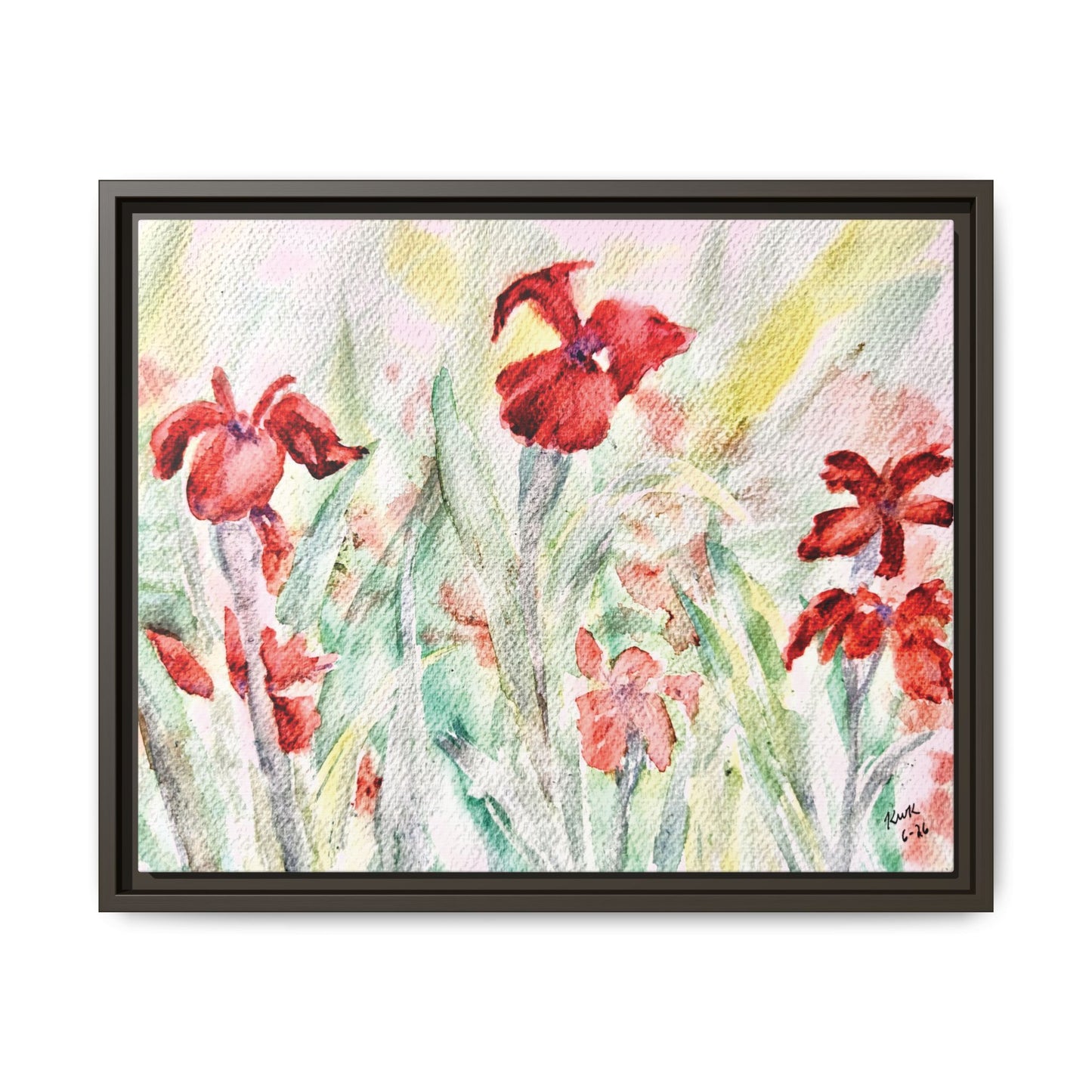 Abbeville Red Irises Matte Canvas, Framed (Black or Espresso). Available in sizes from 10”x8”-30”x24”