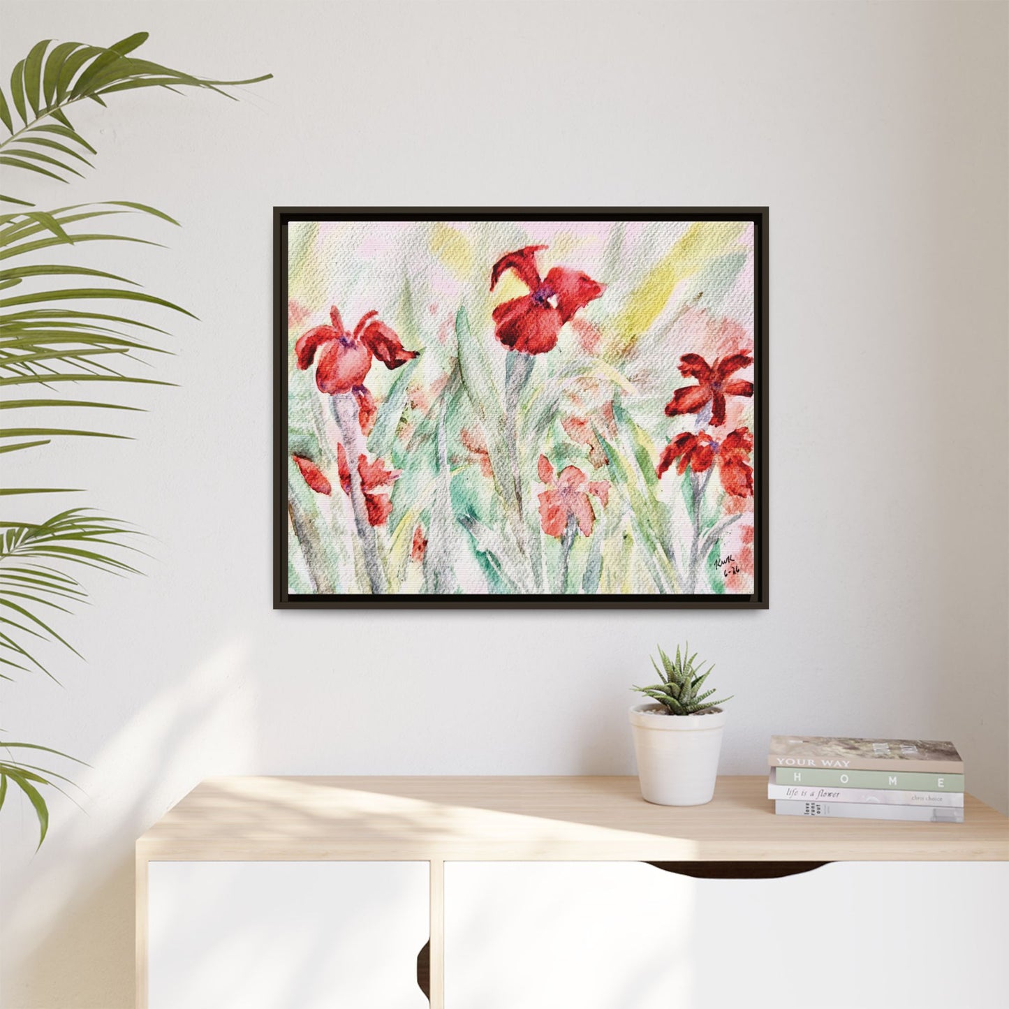 Abbeville Red Irises Matte Canvas, Framed (Black or Espresso). Available in sizes from 10”x8”-30”x24”