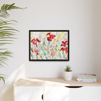 Abbeville Red Irises Matte Canvas, Framed (Black or Espresso). Available in sizes from 10”x8”-30”x24”