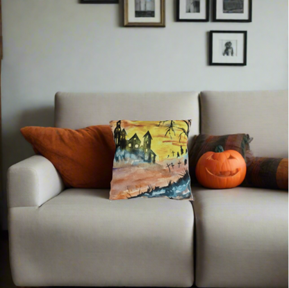 Halloween House and Graveyard (Vibrant) Pillows. Available in sizes from 16” x 16”-20” x 20”