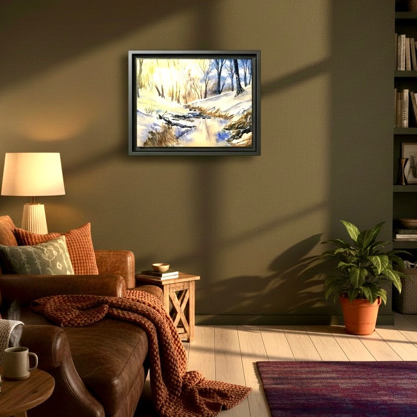 Snowy Creek Matte Canvas, Framed (Black or Espresso). Available in sizes from 10”x8”-32”x24”