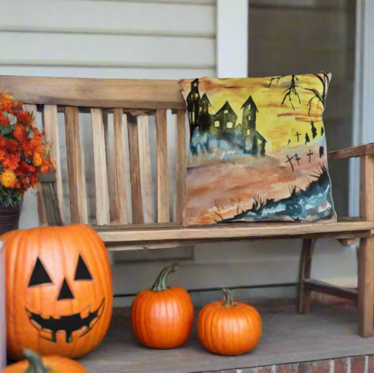 Halloween House and Graveyard (Vibrant) Pillows. Available in sizes from 16” x 16”-20” x 20”