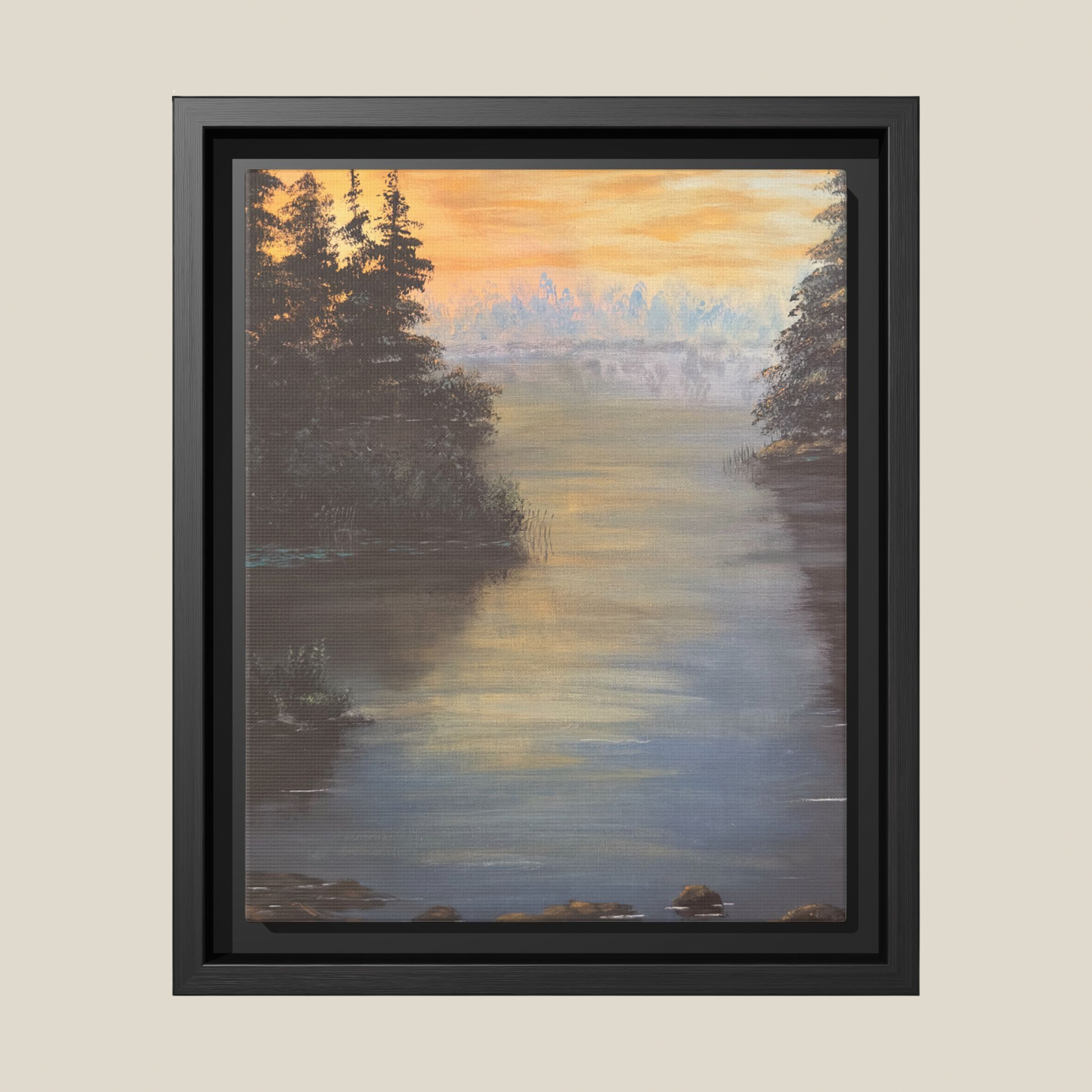 Peaceful Northwoods Lake Matte Canvas with Black or Espresso Frame. Available in sizes from 8” x 10”-24” x 32”