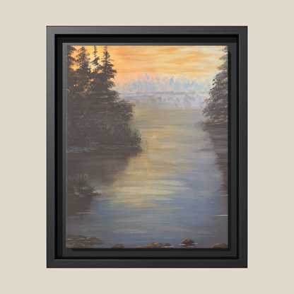 Peaceful Northwoods Lake Matte Canvas with Black or Espresso Frame. Available in sizes from 8” x 10”-24” x 32”