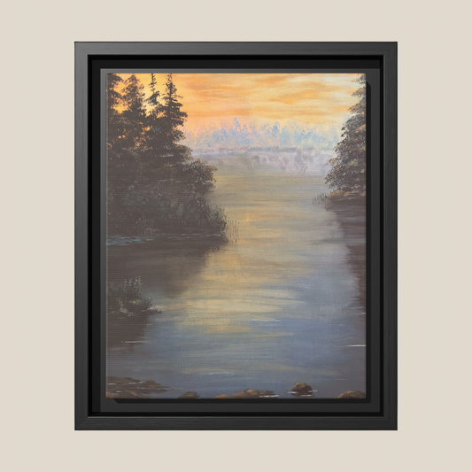 Peaceful Northwoods Lake Matte Canvas with Black or Espresso Frame. Available in sizes from 8” x 10”-24” x 32”