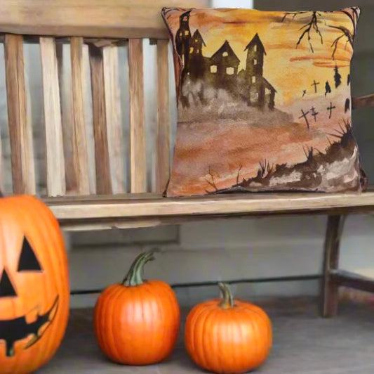 Halloween House and Graveyard Pillows. Available in sizes from 16” x 16”-20” x 20”