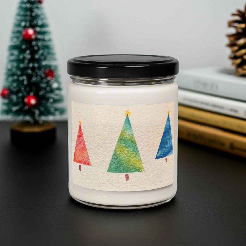 Eco-Friendly Soy Candle (9 oz.), Featuring Happy Holiday Trees. Multiple Scents Available