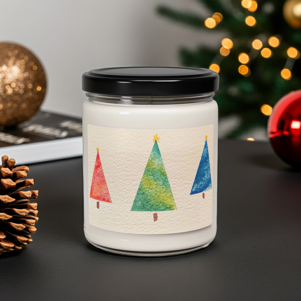 Eco-Friendly Soy Candle (9 oz.), Featuring Happy Holiday Trees. Multiple Scents Available